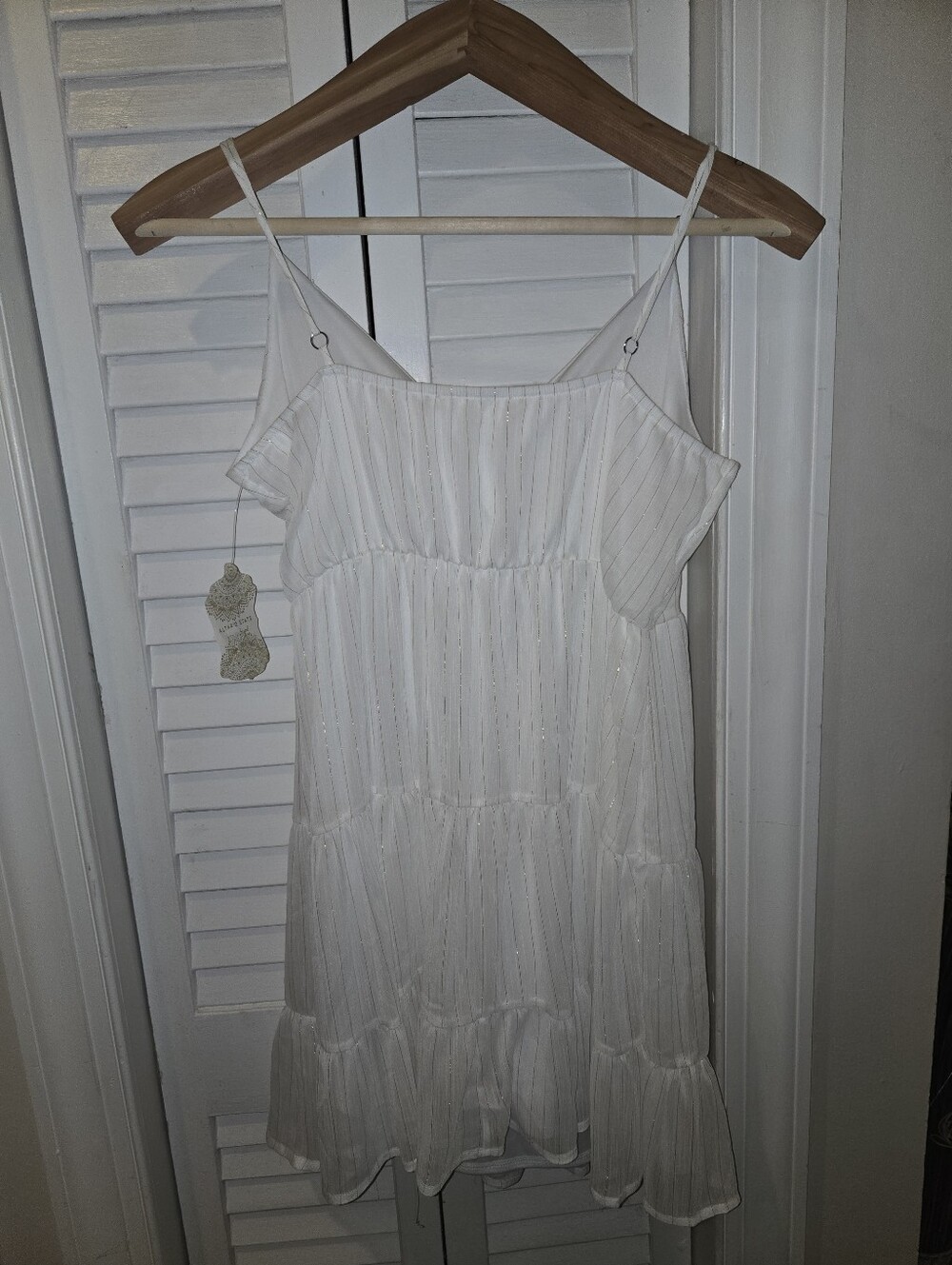 NWT Altar'd State Ivory Gold Metallic Lurex Tiered Mini Dress Boho Fairy Large - Picture 6 of 11
